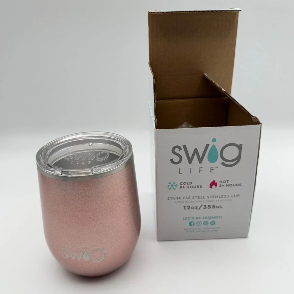 Swig Life 12oz Rose Gold Shimmer Stemless Wine Cup‎ Stainless Steel Tumbler NEW